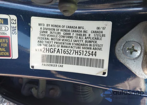 2007 Honda Civic Lx from USA, damaged, VIN 2HGFA16527H512544
